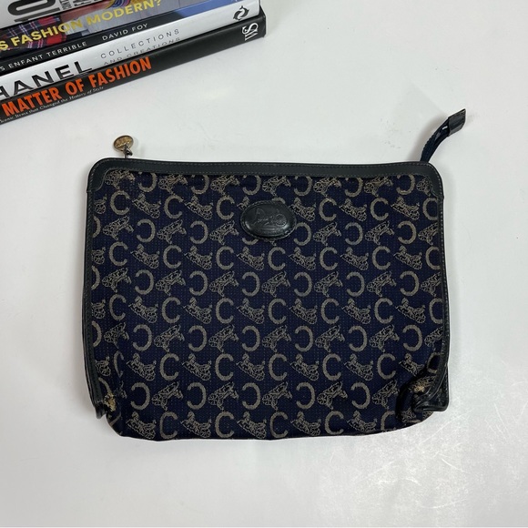 CELINE Clutch Bag C Macadam Blue Logo Carriage Cloth Nylon Leather Purse
